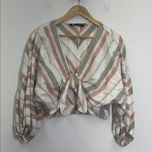 Zara - Striped Colorful Linen Blend Long Sleeve Crop Tie Blouse Size Medium - Picture 6 of 8